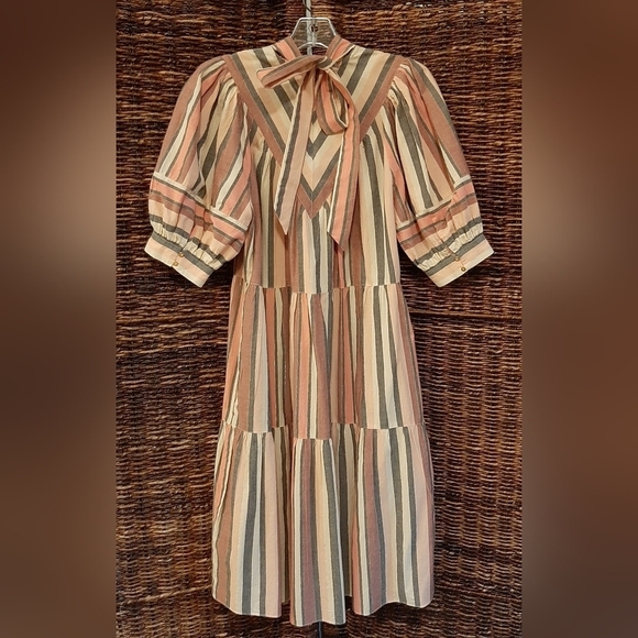 Ulla Johnson Puff Sleeve Dress Metallic Striped Knee Length Tent Tiered Pocket 4 - Picture 2 of 12